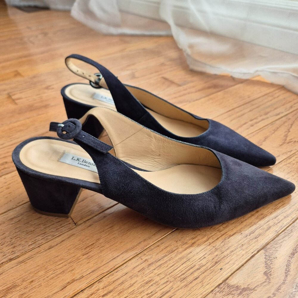 LK Bennett Navy Suede Slingback Block Heel Pumps
